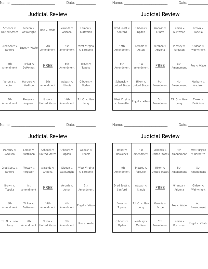 Judicial Review Bingo Cards