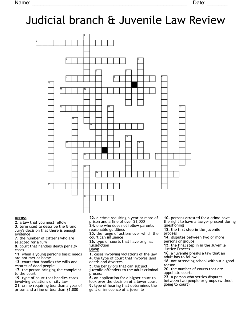 Judicial branch & Juvenile Law Review Crossword