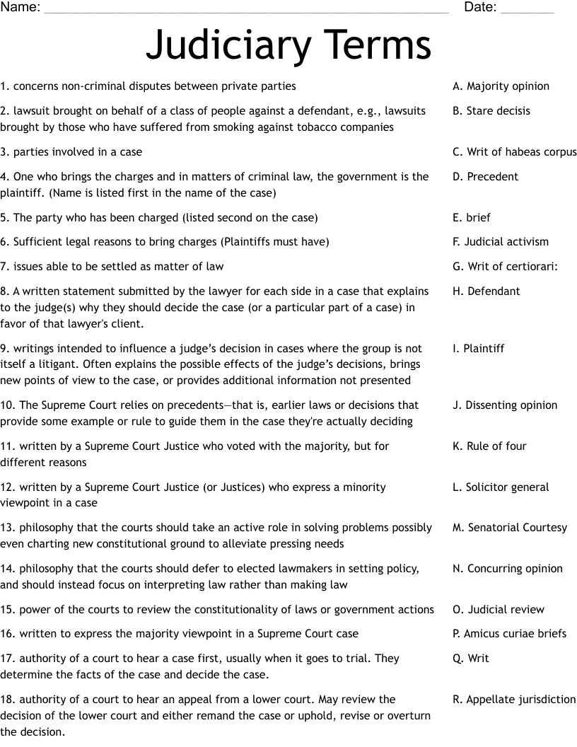 Judiciary Terms  Worksheet