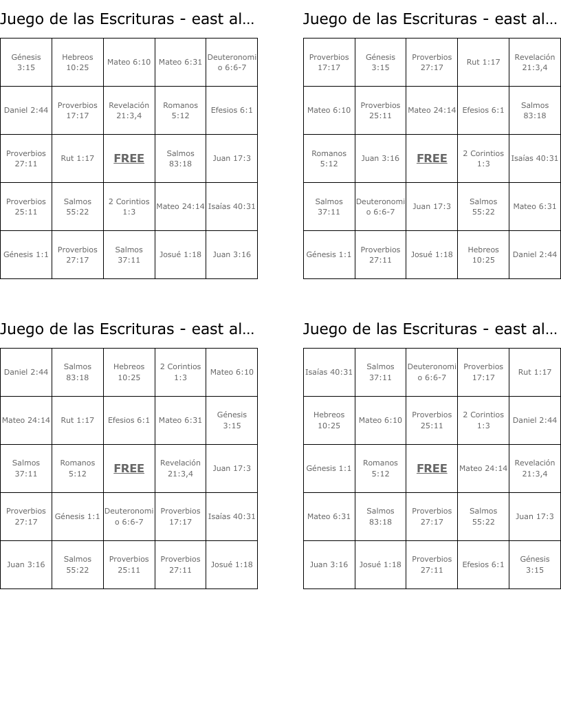 Juego de las Escrituras - east aloha Bingo Cards