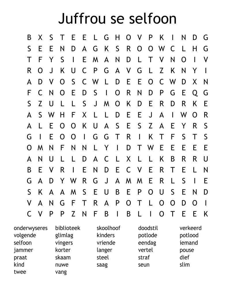 Juffrou se selfoon Word Search