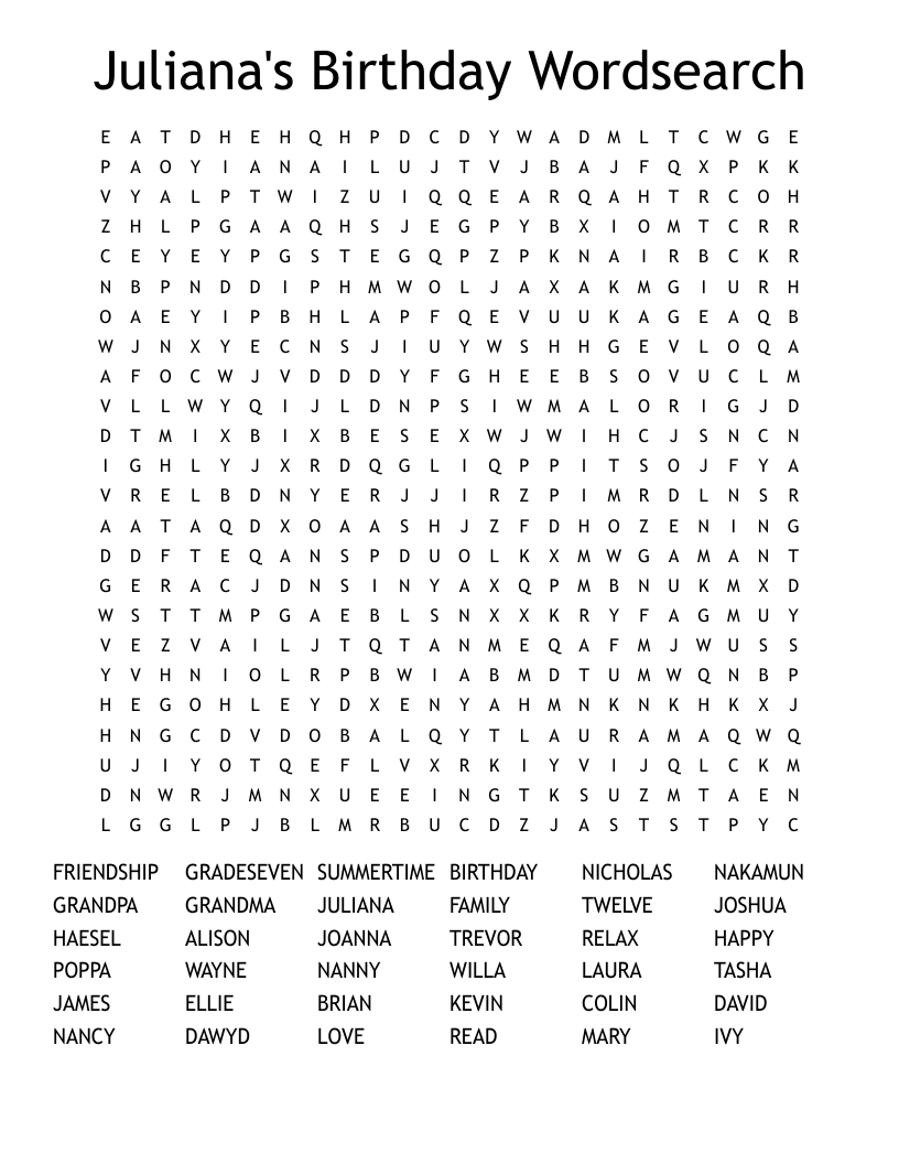 Juliana's Birthday Wordsearch