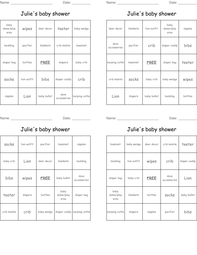 Julie's baby shower Bingo Cards