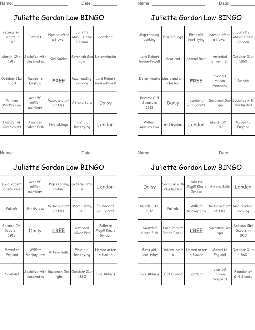 Juliette Gordon Low BINGO