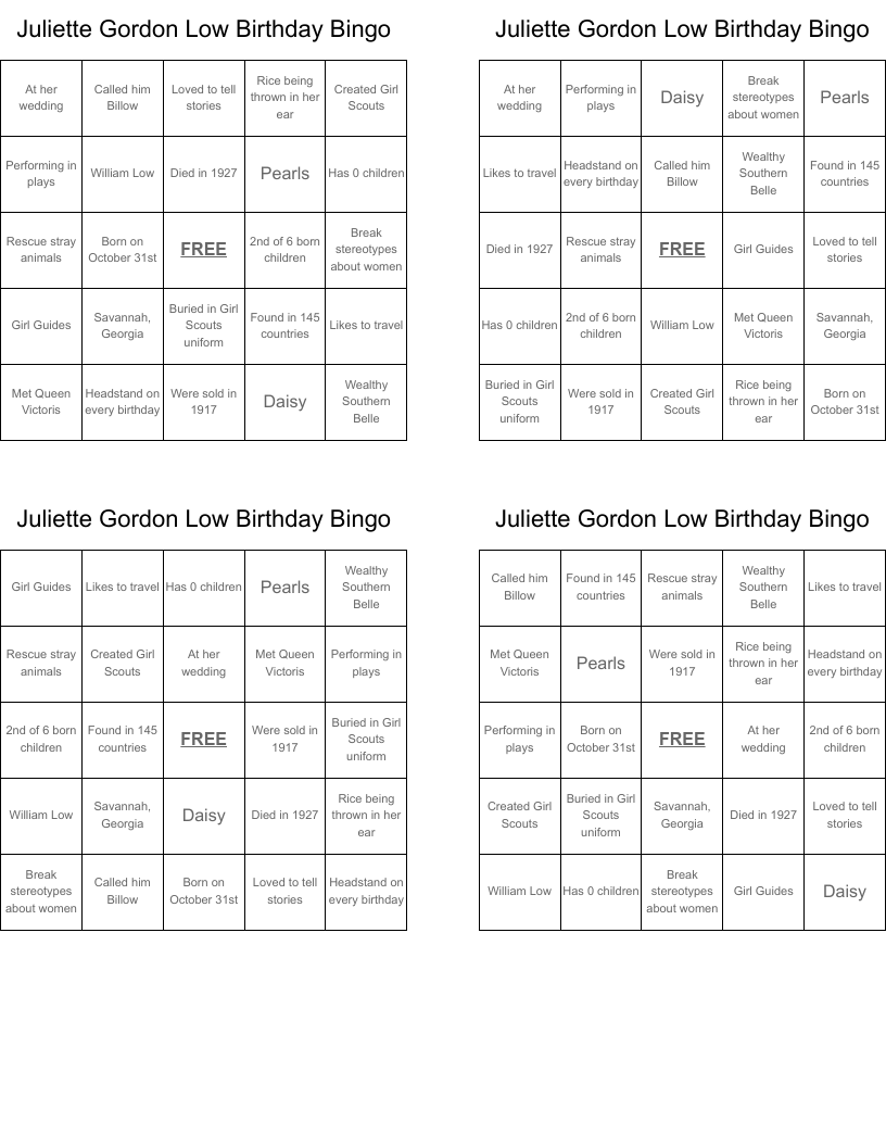 Juliette Gordon Low Birthday Bingo