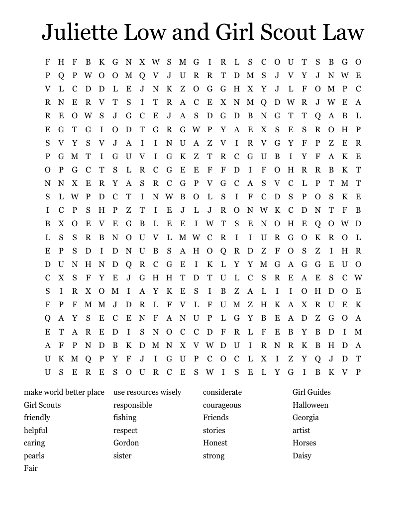 Juliette Low and Girl Scout Law Word Search