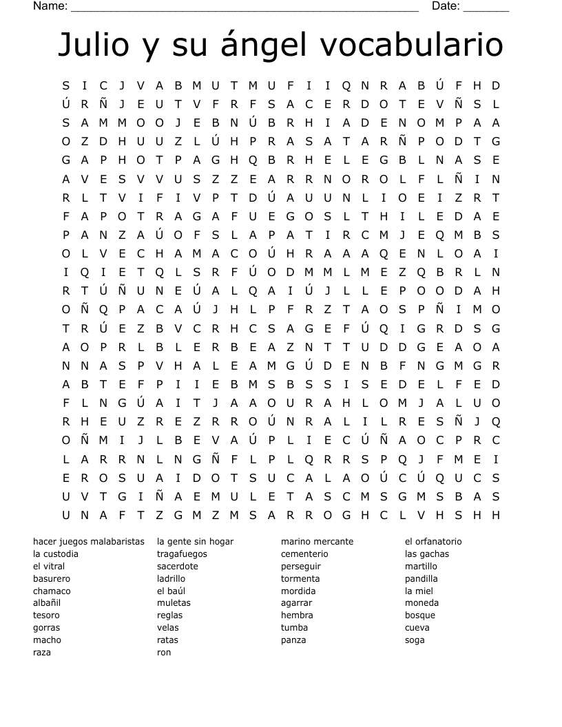 Julio y su ángel vocabulario Word Search