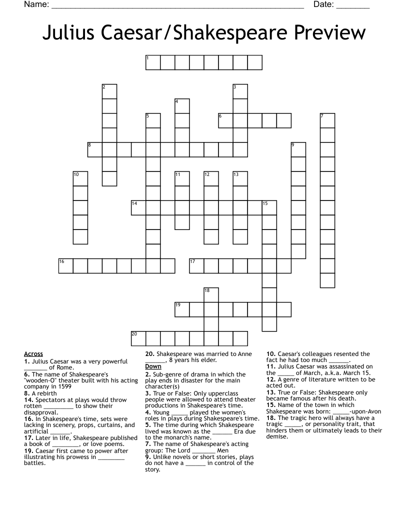 Julius Caesar/Shakespeare Preview Crossword