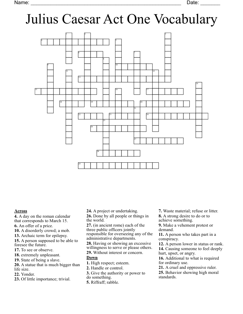 Julius Caesar Act One Vocabulary Crossword
