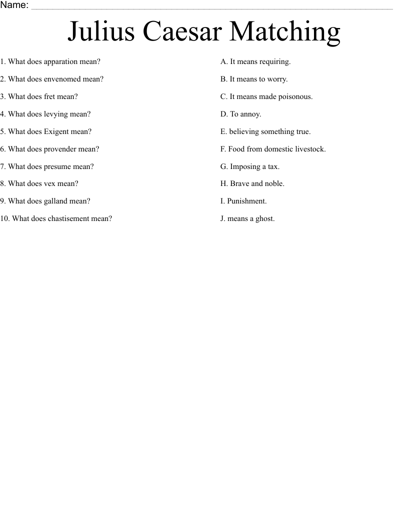 Julius Caesar Matching Worksheet