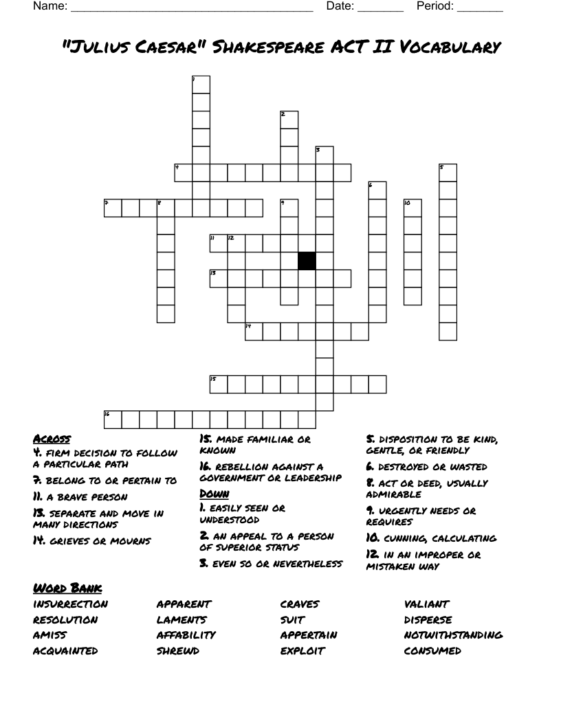 "Julius Caesar" Shakespeare  ACT II Vocabulary Crossword