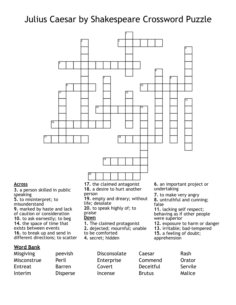 Julius Caesar by Shakespeare Crossword Puzzle