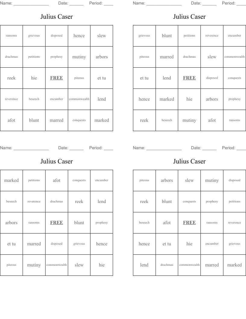 Julius Caser Bingo Cards