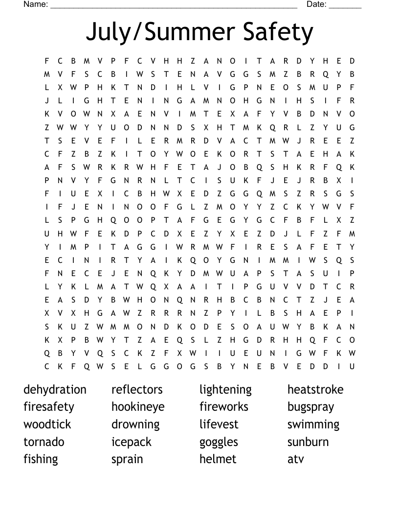 July/Summer Safety Word Search