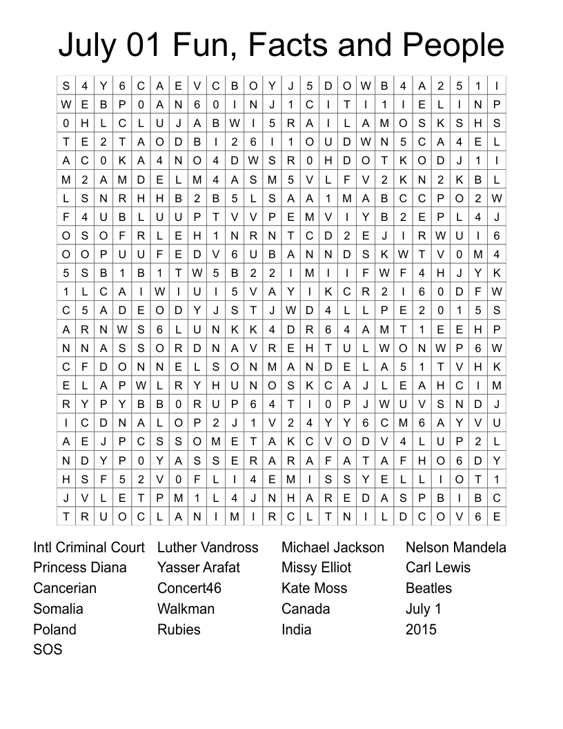 July 01 Fun, Facts and People Word Search