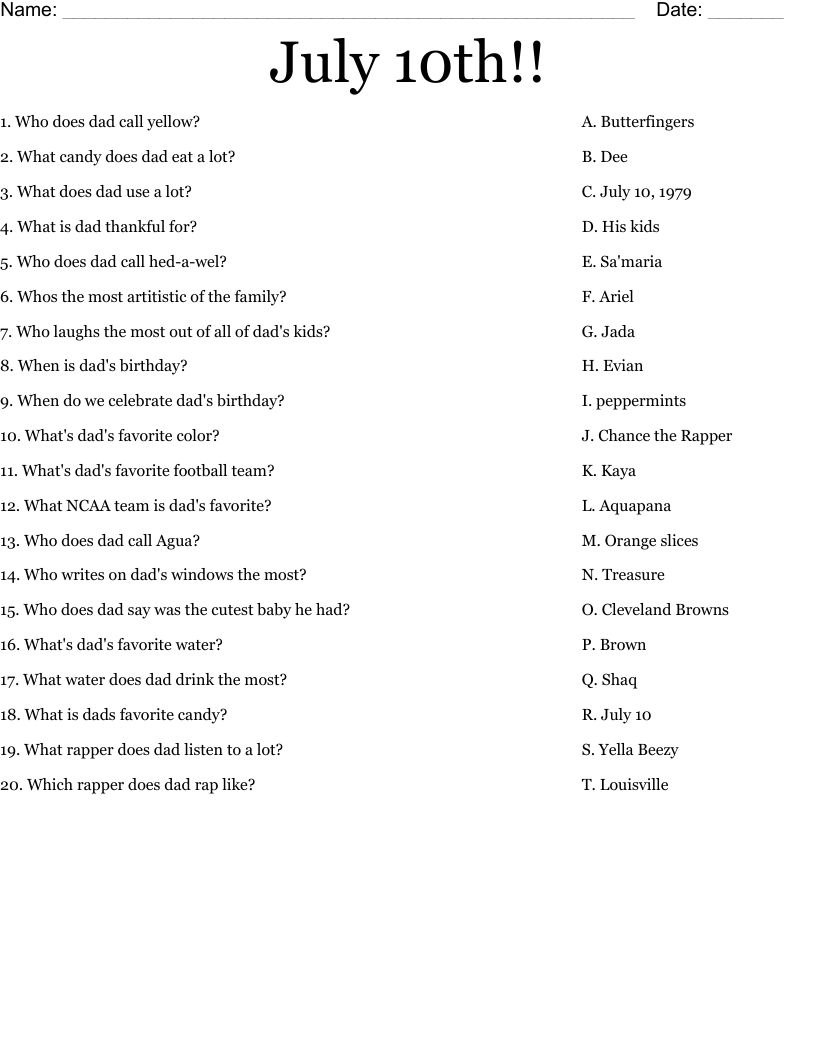 July 10th!! Worksheet