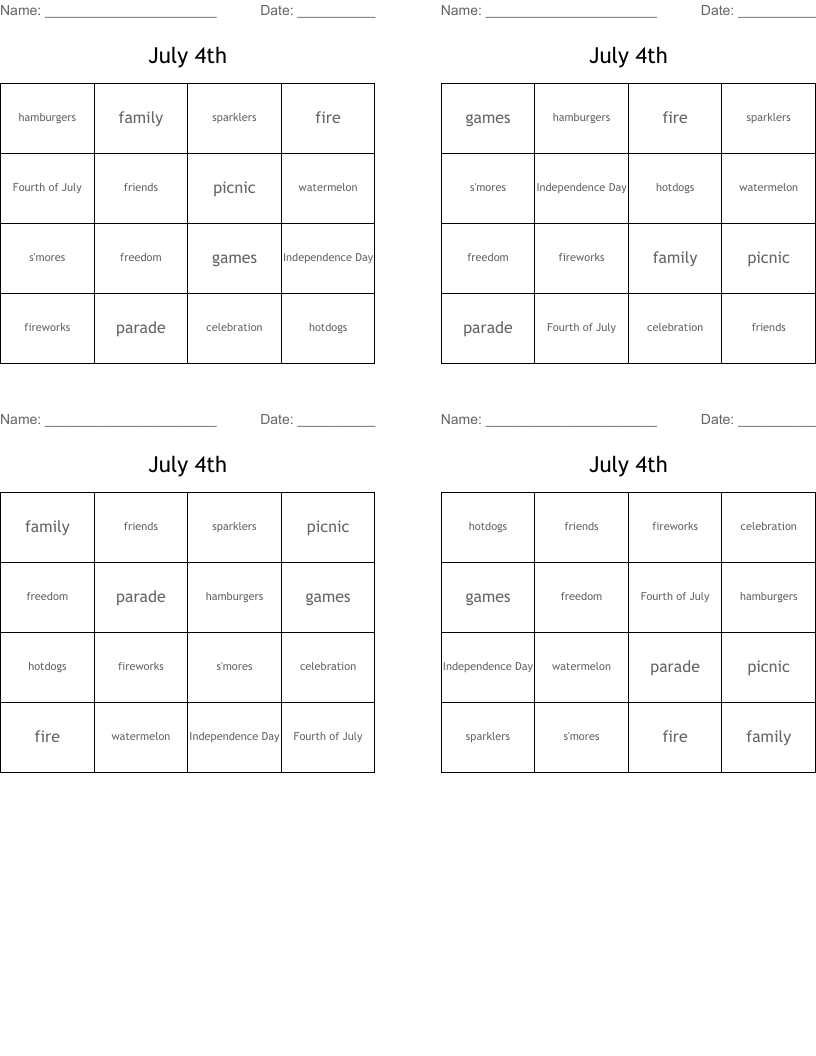 July 4th Bingo Cards