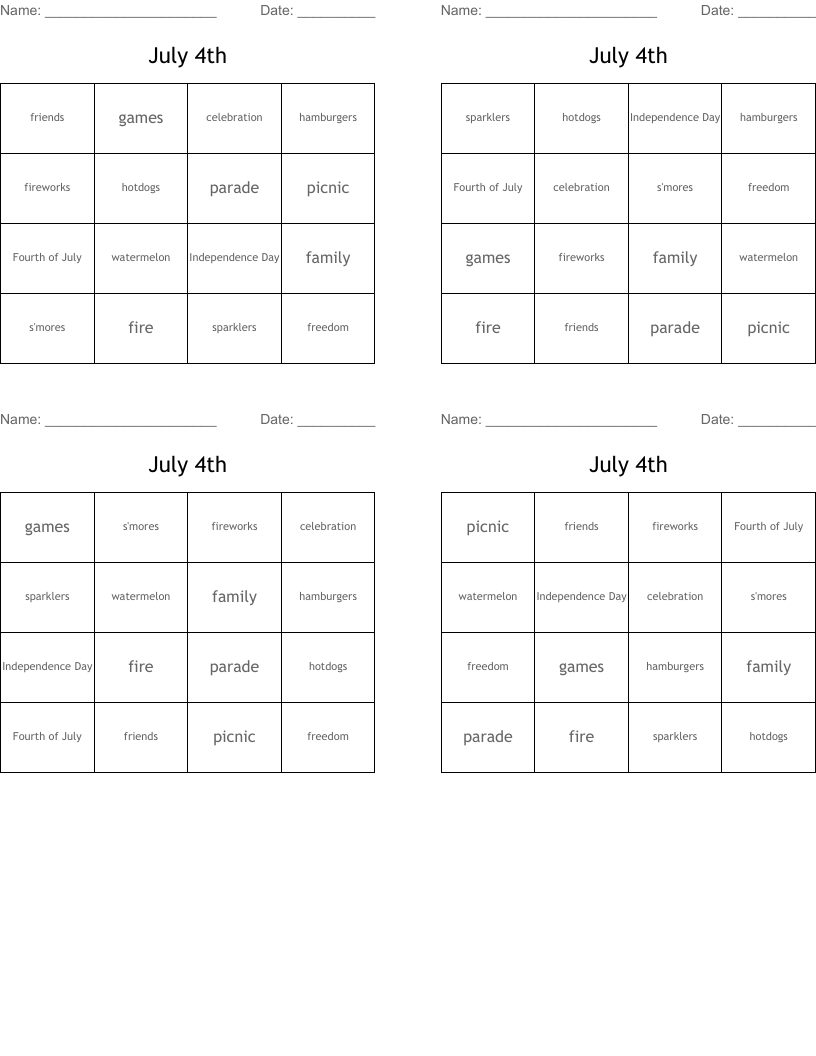 July 4th Bingo Cards