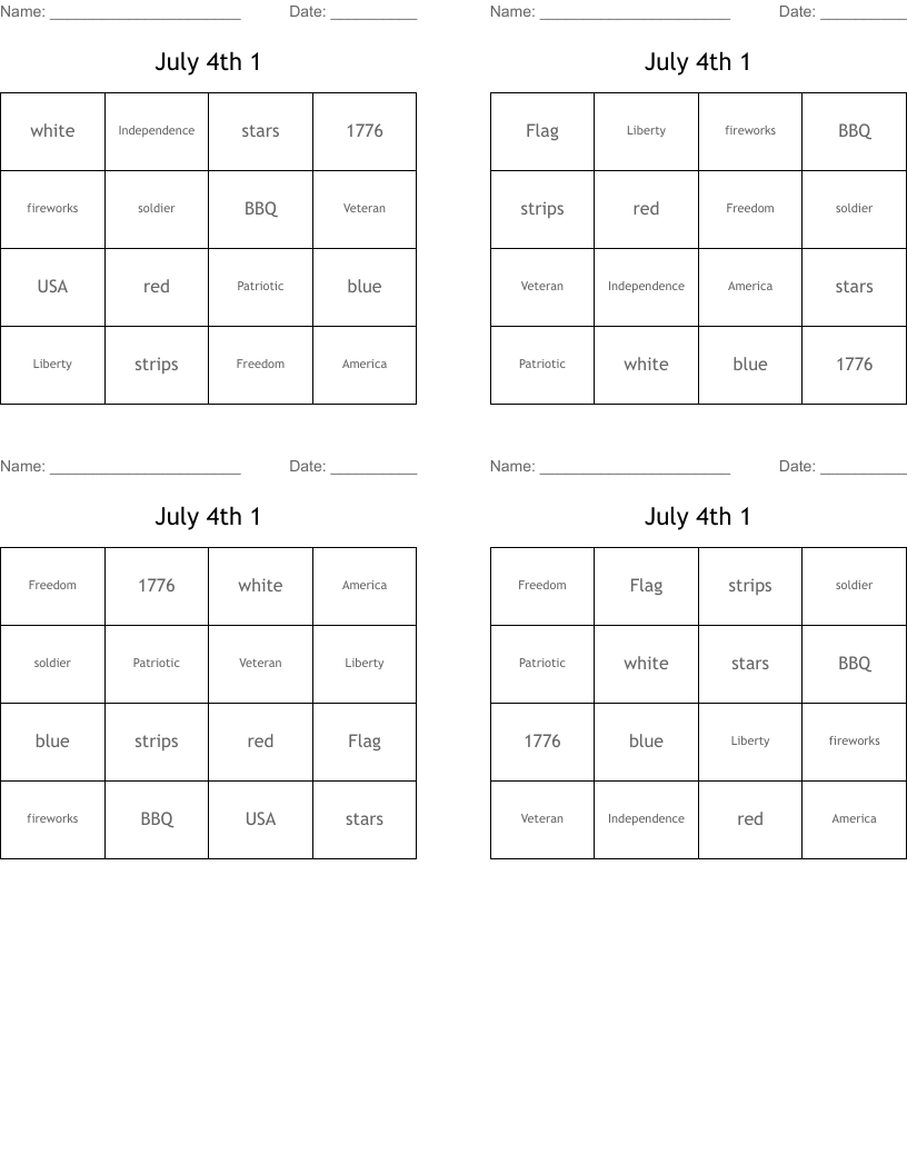 July 4th 1 Bingo Cards