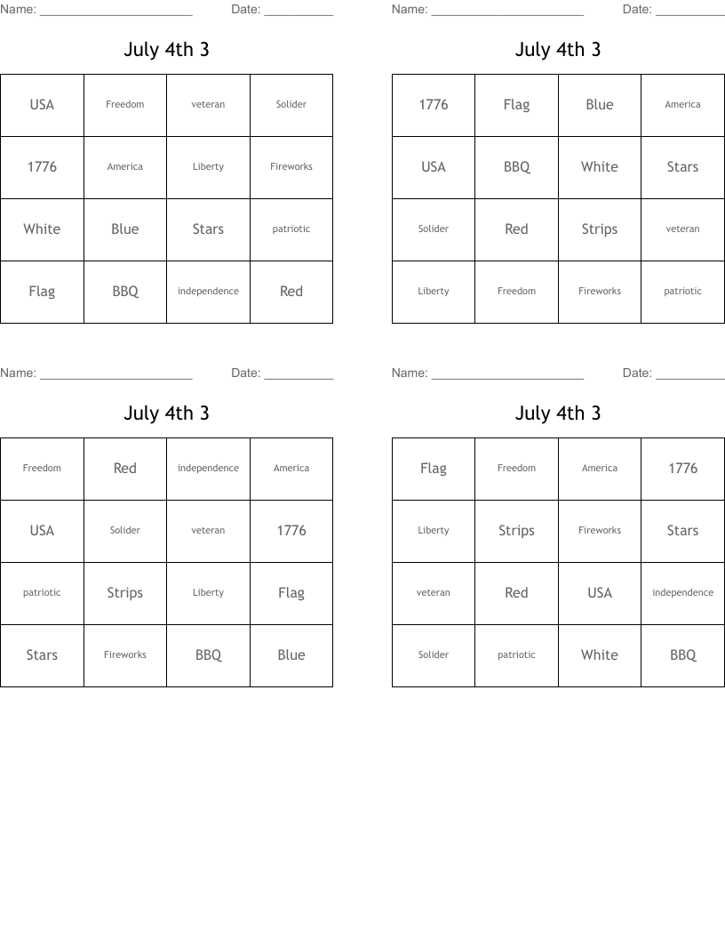 July 4th 3 Bingo Cards