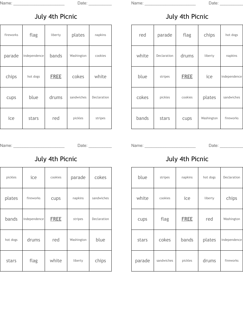 July 4th Picnic Bingo Cards