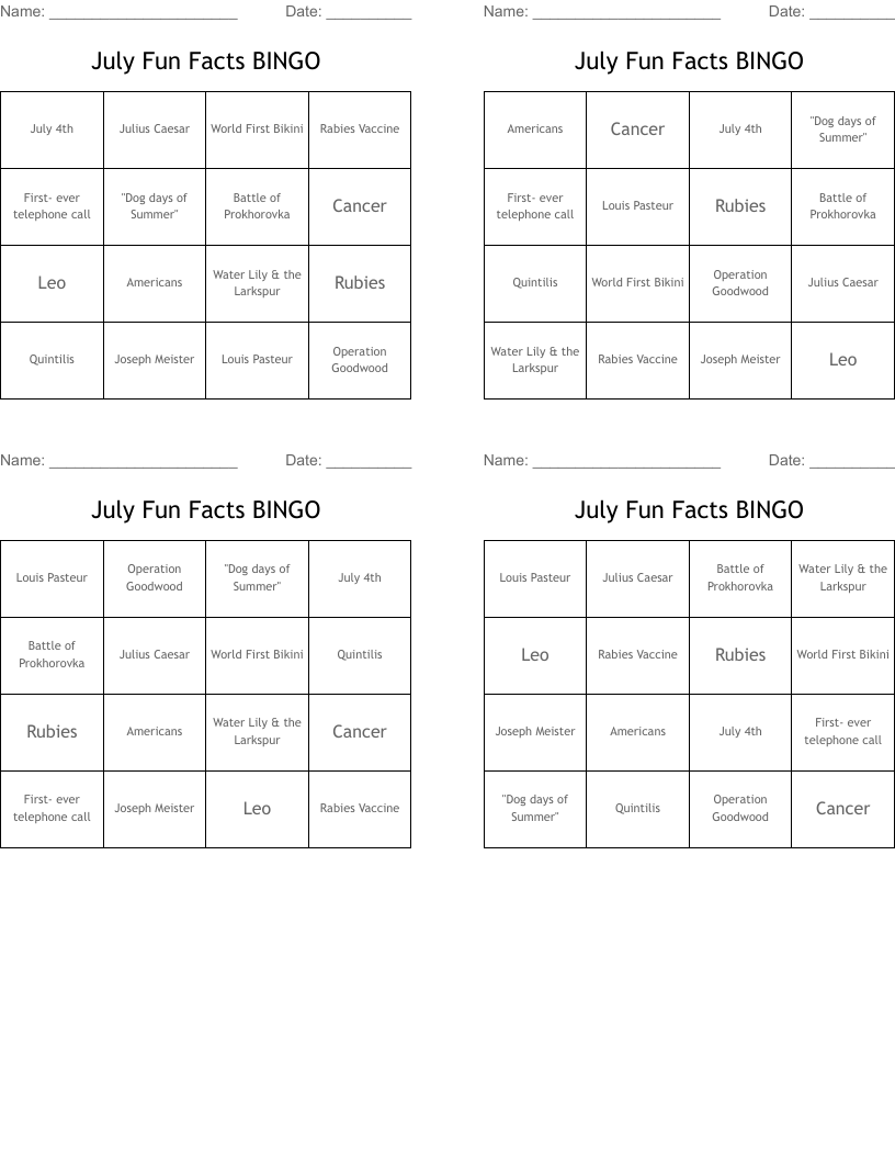 July Fun Facts BINGO