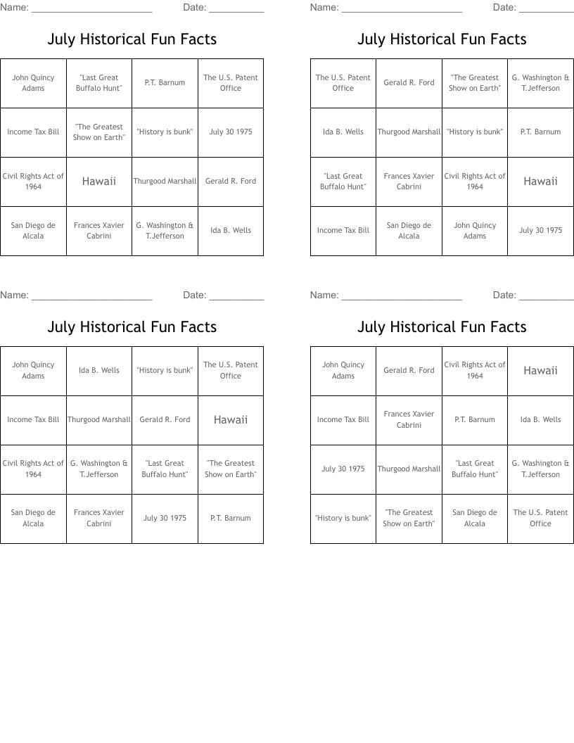 July Historical Fun Facts Bingo Cards