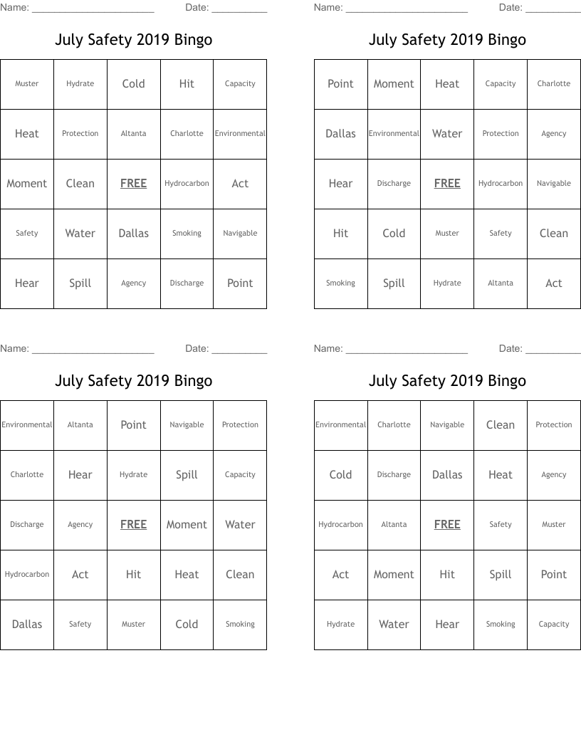 July Safety 2019 Bingo