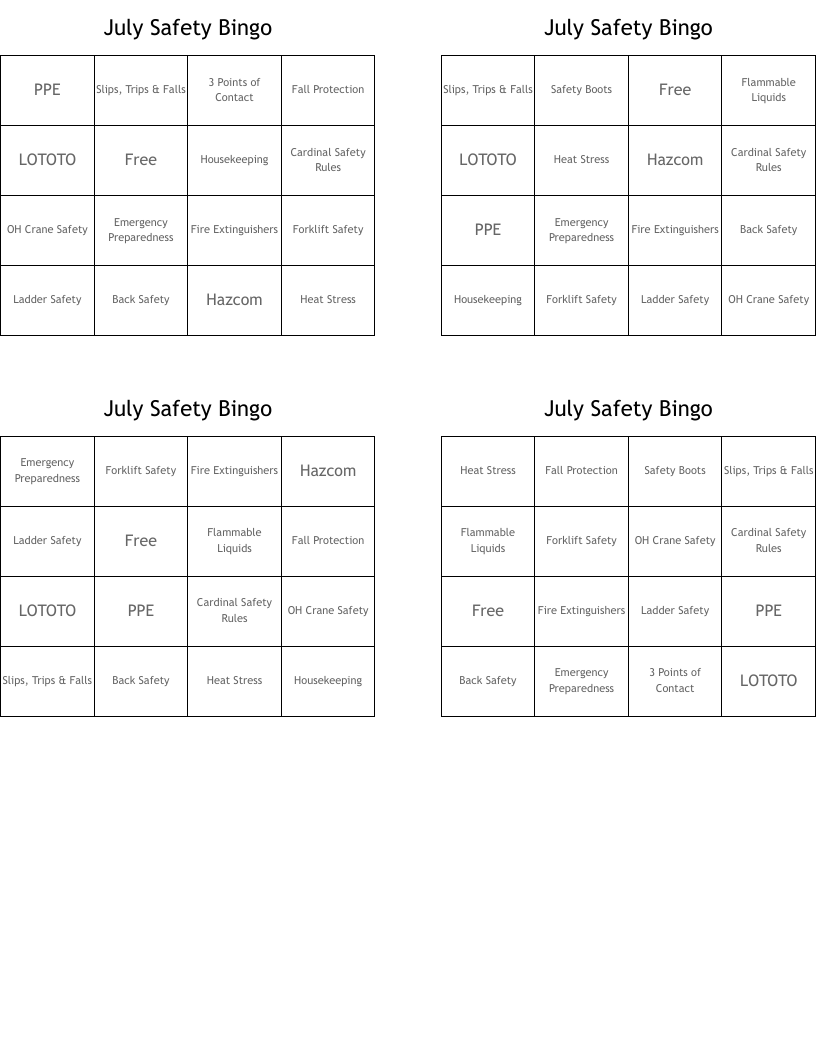 July Safety Bingo