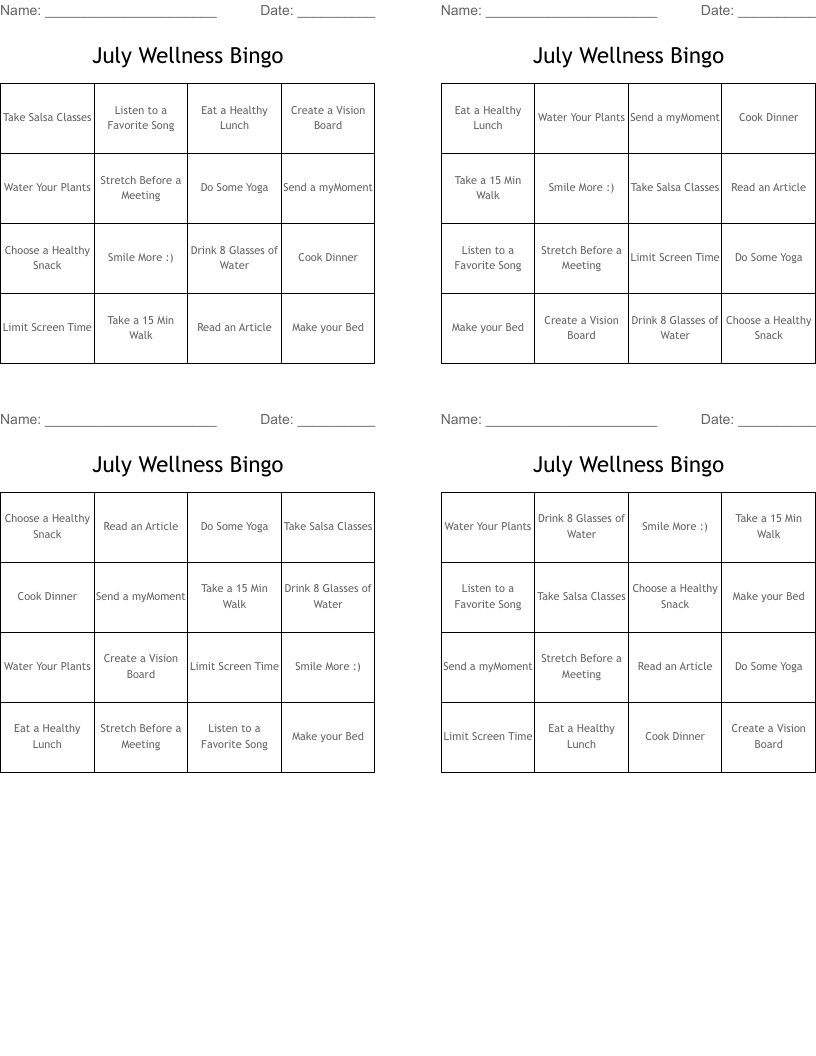 July Wellness Bingo