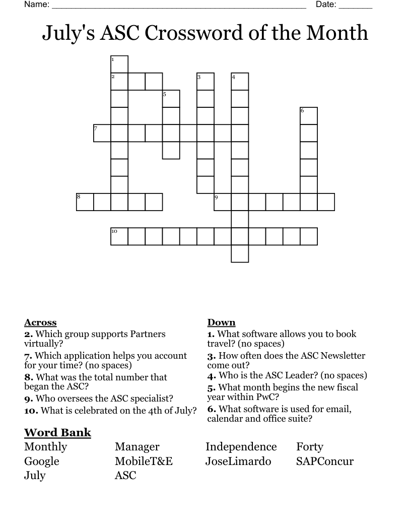 July's ASC Crossword of the Month