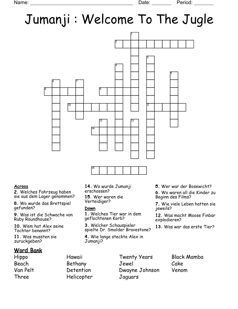 Jumanji : Welcome To The Jugle Crossword