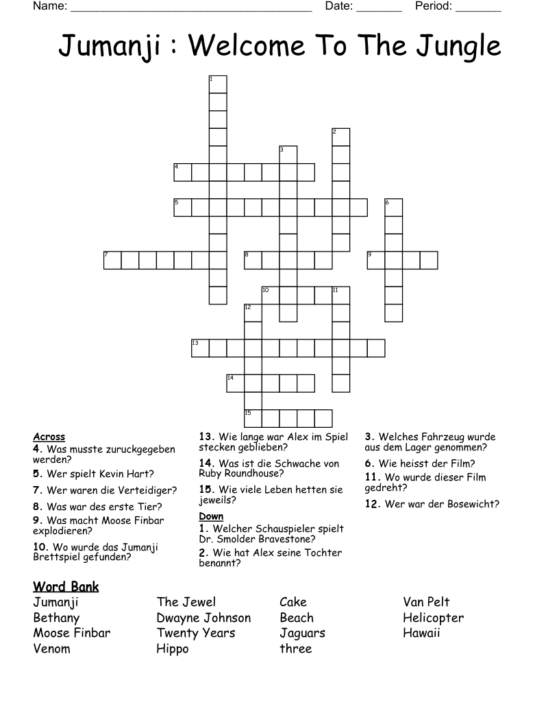 Jumanji : Welcome To The Jungle Crossword