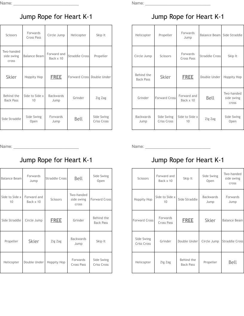 Jump Rope for Heart K-1 Bingo Cards