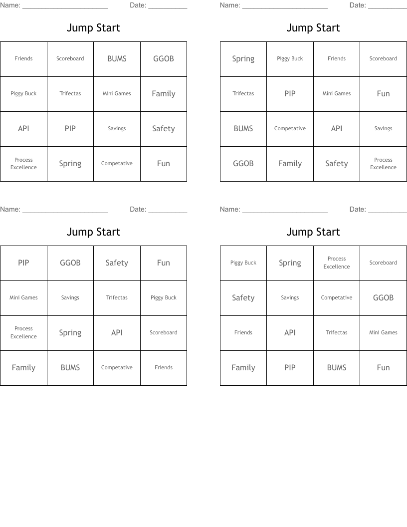 Jump Start Bingo Cards