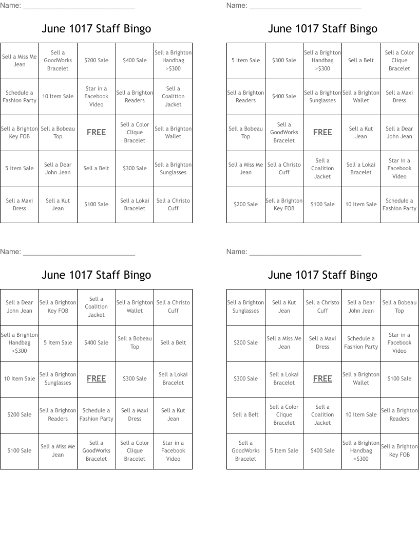 June 1017 Staff Bingo