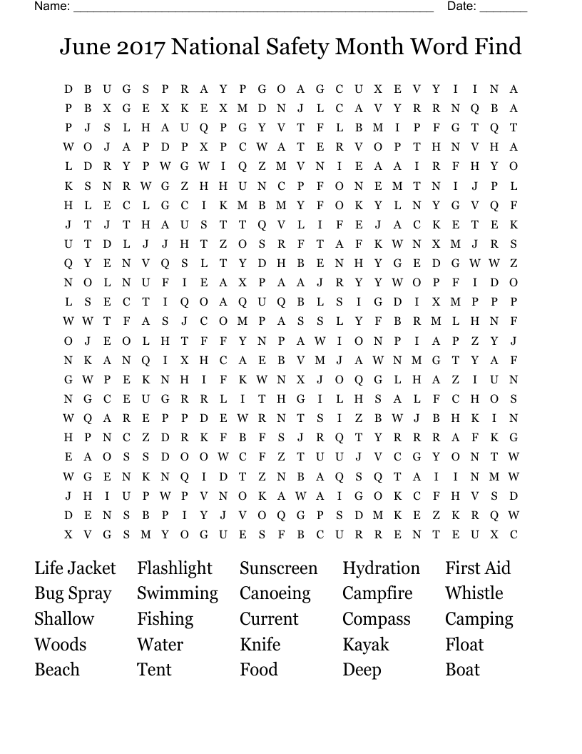 June 2017 National Safety Month Word Find Word Search