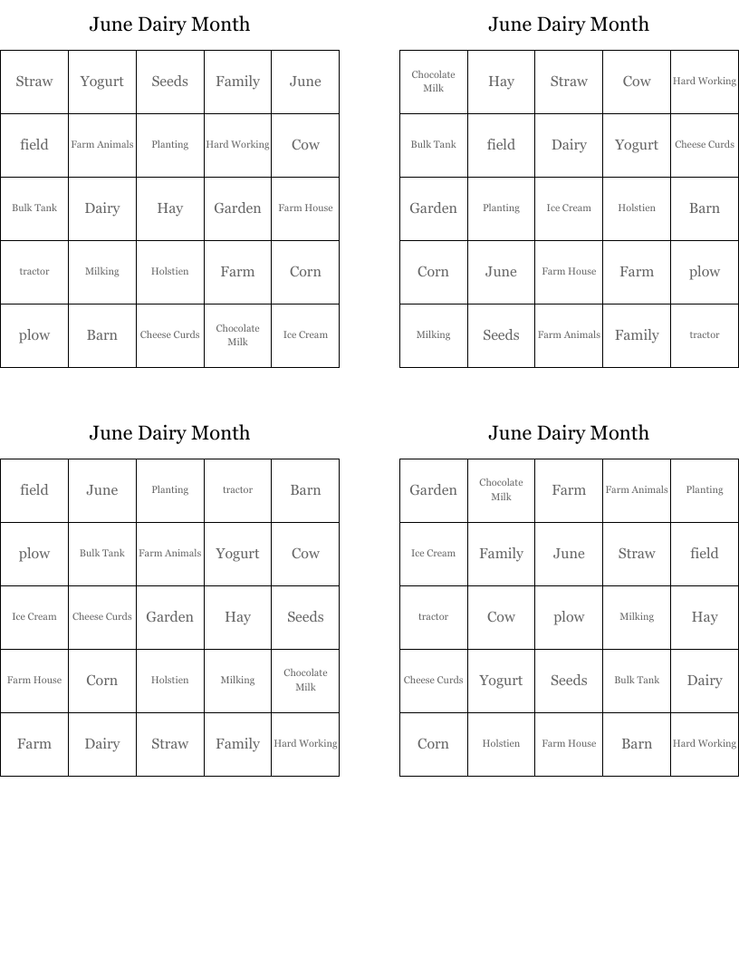 June Dairy Month Bingo Cards