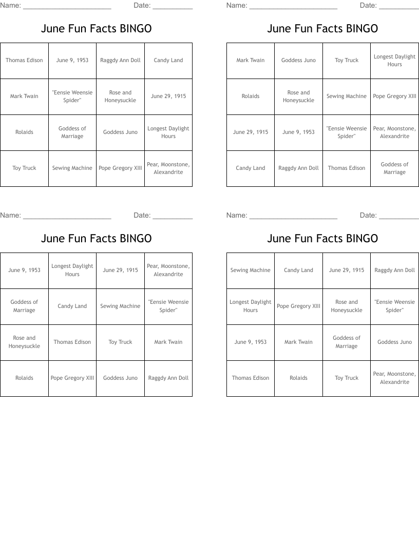 June Fun Facts BINGO