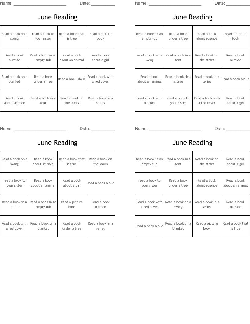 June Reading Bingo Cards