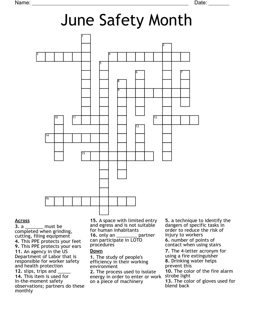 June Safety Month Crossword