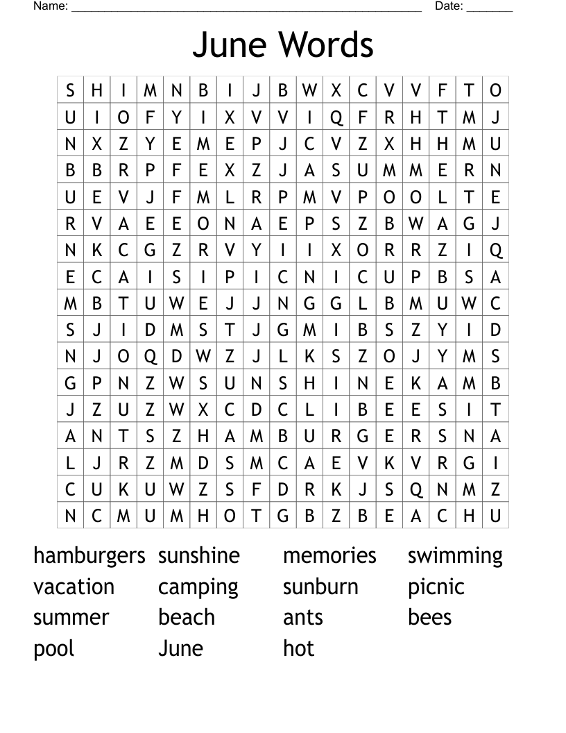 June Words Word Search