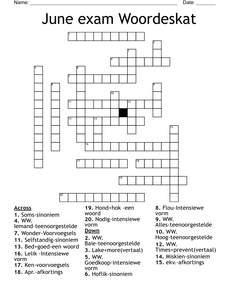 June exam Woordeskat Crossword