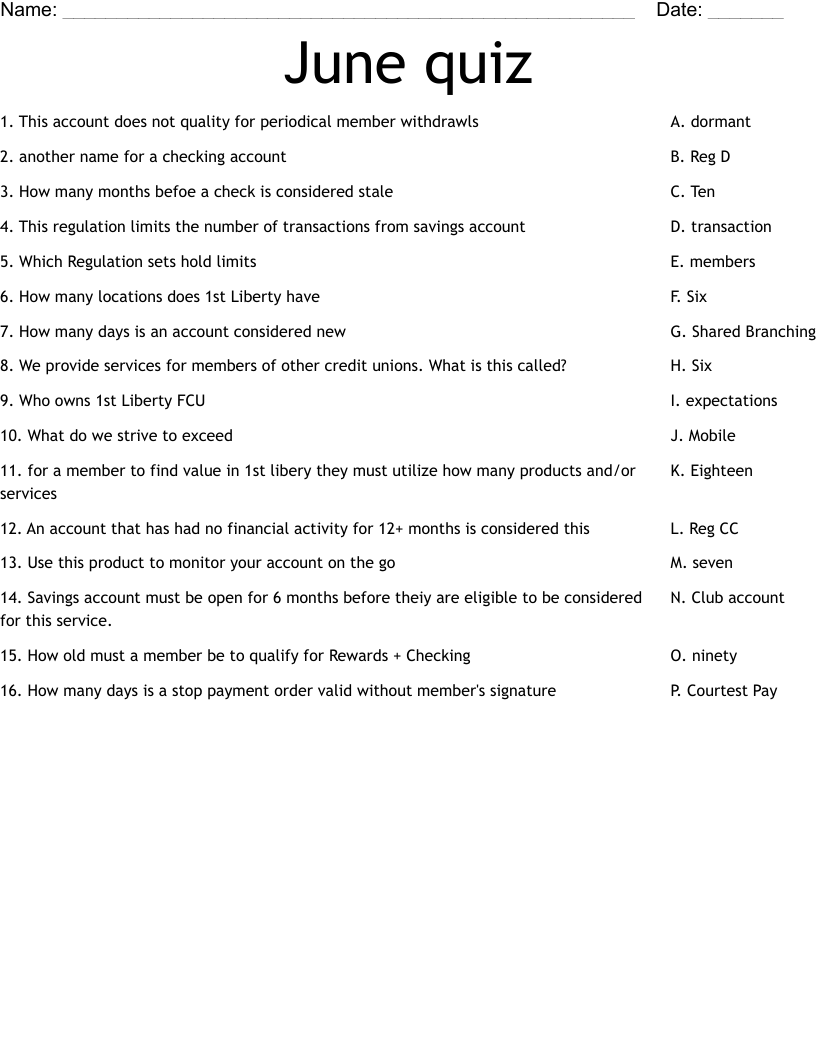 June quiz Worksheet