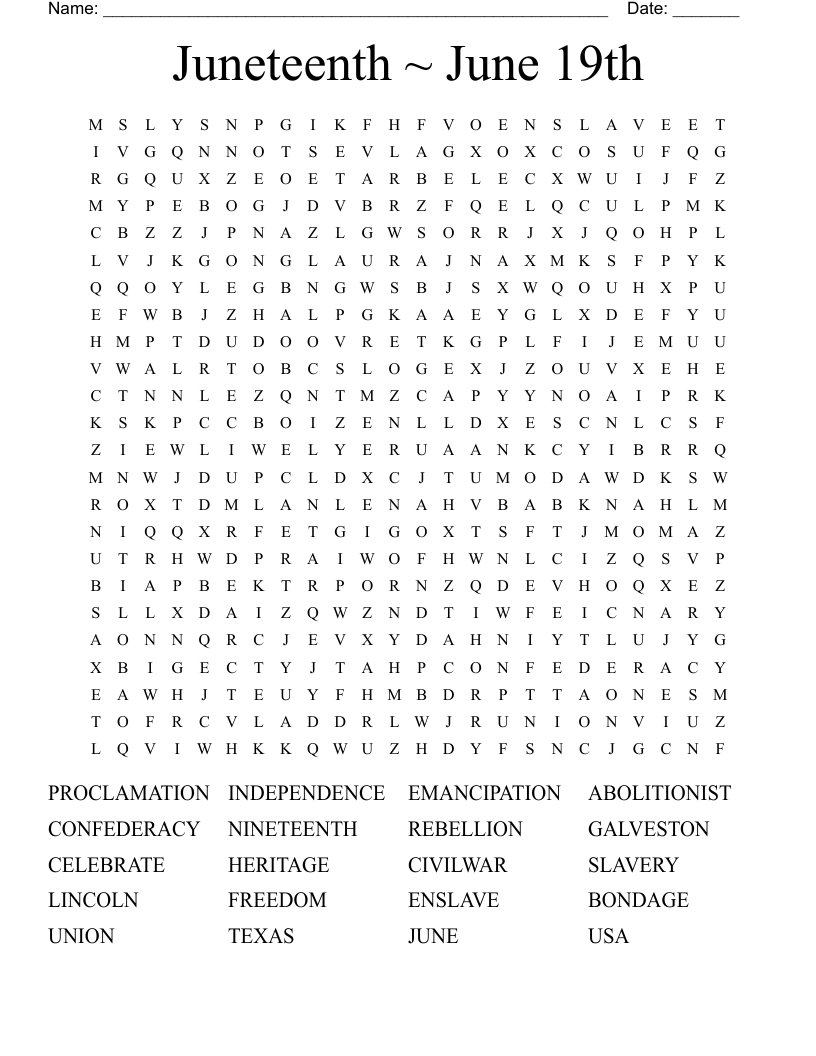 Juneteenth ~ June 19th Word Search