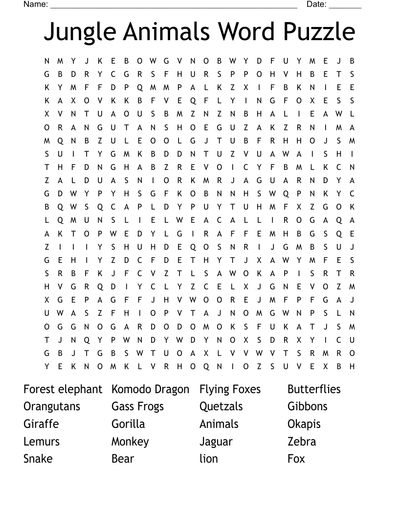 Jungle Animals Word Puzzle Word Search