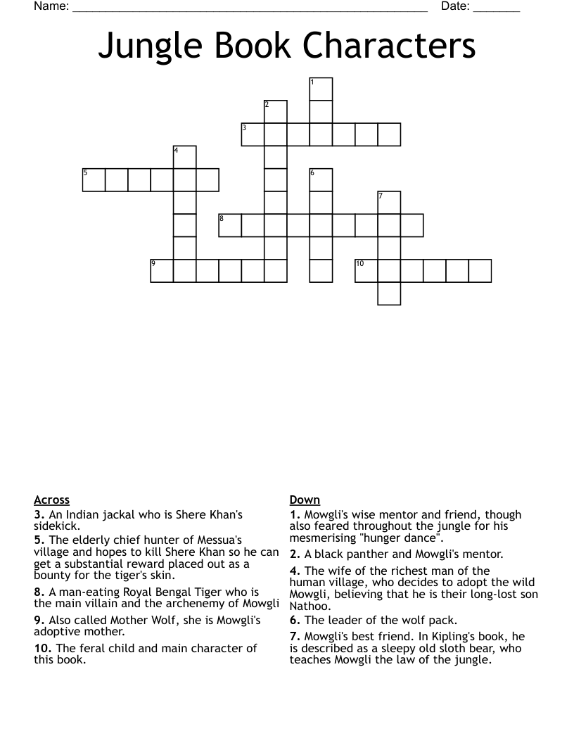 Jungle Book Characters Crossword
