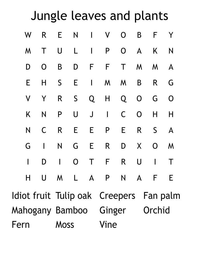 Jungle leaves and plants Word Search