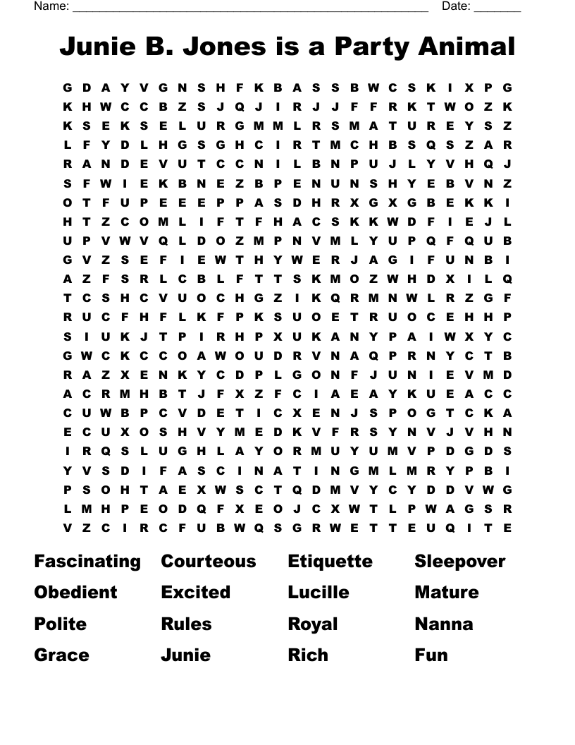 Junie B. Jones is a Party Animal Word Search