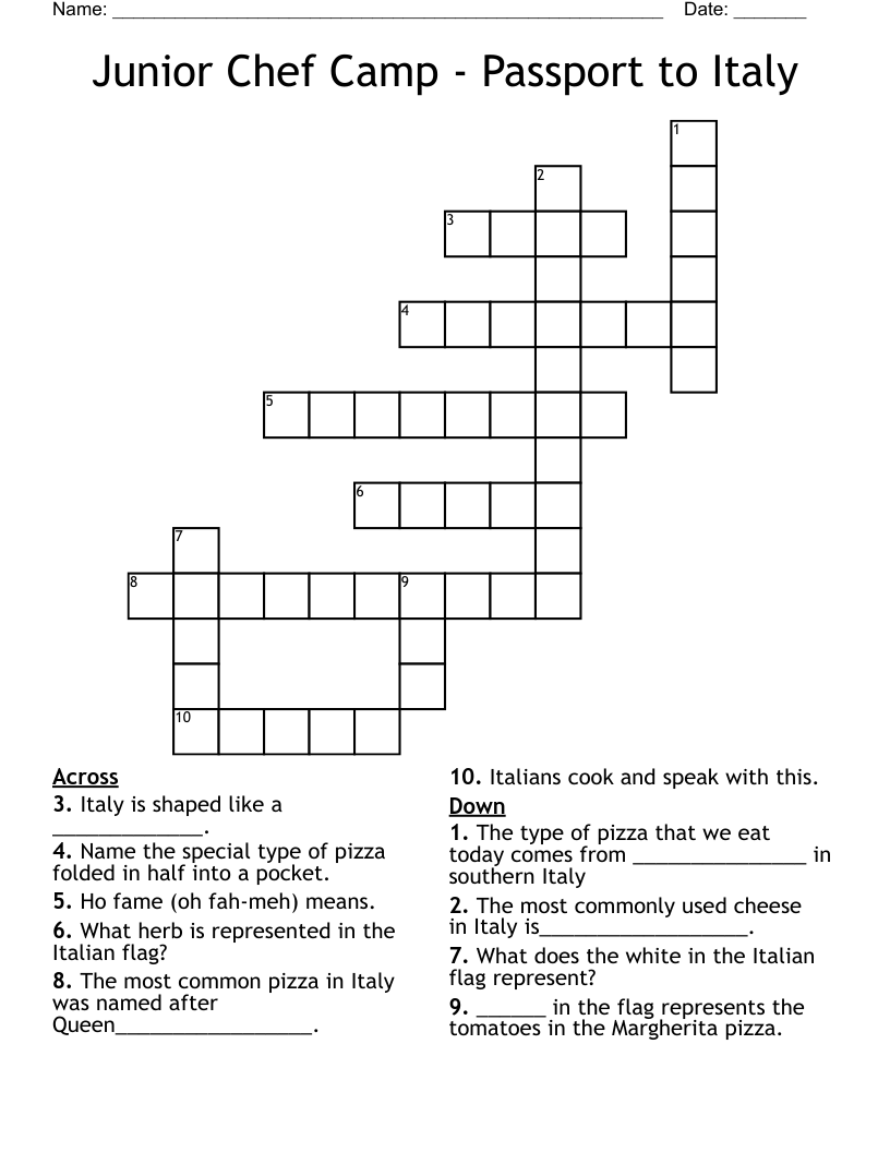Junior Chef Camp - Passport to Italy Crossword